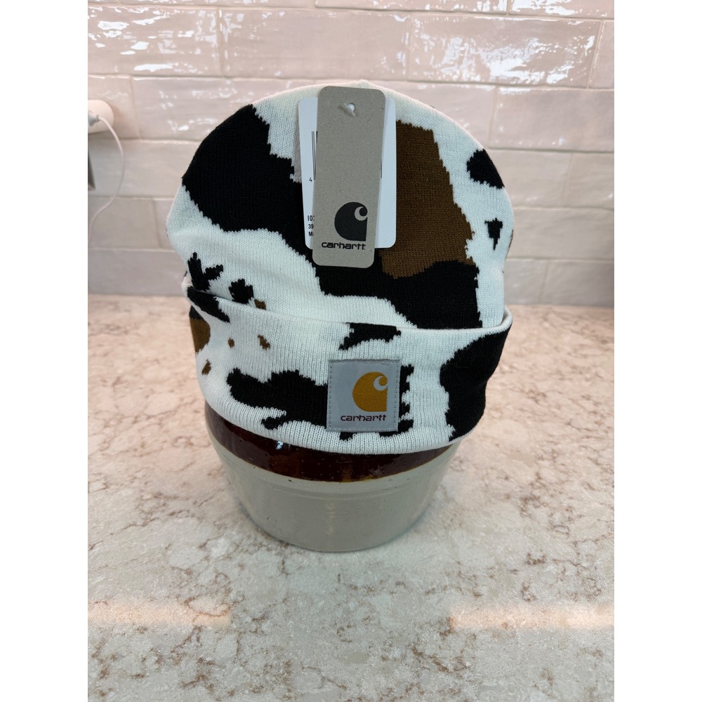 Carhartt Madison Logo Cap Beanie Cow Print White Black Brown Knit Hat NWT